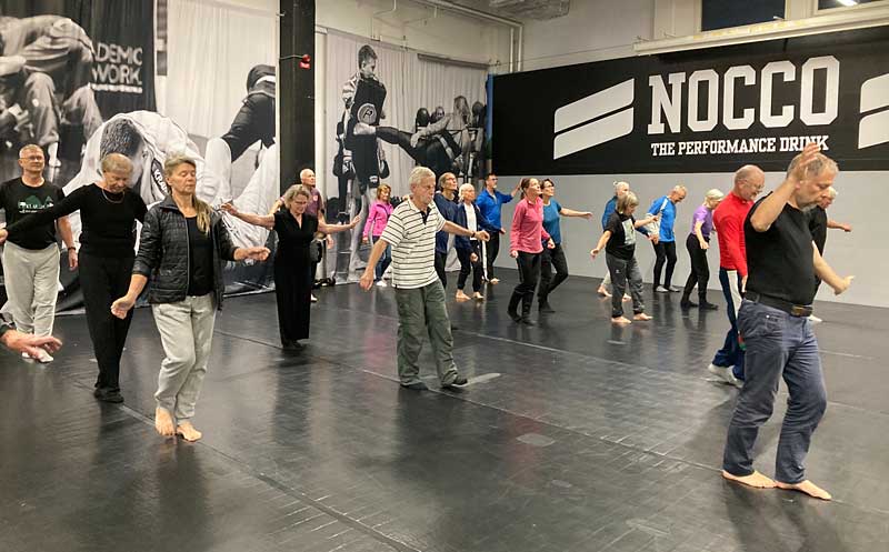 Deltagare från Stockholms Skridskoseglarklubb tränar fallteknik enligt Judo4Balance.